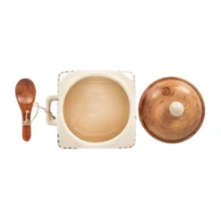 Storied Home Hand-Painted Stoneware Canister With Design, Acacia Wood Lid And Spoon, Cream, Blue And Natural 18 Storied Home Hand-Painted Stoneware Canister With Design, Acacia Wood Lid And Spoon, Cream, Blue And Natural -Interio Store GUEST d516b6c3 55bd 4c0f 9543 83a95bc28eef