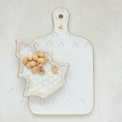 Storied Home Debossed Stoneware Cheese/Cutting Board With Trees And Gold Electroplating In Reactive Glaze, White