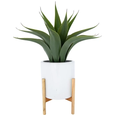 Storied Home Round Stoneware Planter On Wood Holder, White And Natural 8 Storied Home Round Stoneware Planter On Wood Holder, White And Natural - Image 6