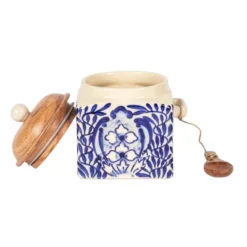 Storied Home Hand-Painted Stoneware Canister With Design, Acacia Wood Lid And Spoon, Cream, Blue And Natural 17 Storied Home Hand-Painted Stoneware Canister With Design, Acacia Wood Lid And Spoon, Cream, Blue And Natural -Interio Store GUEST d75e1106 e898 4c47 8645 4773e1641122