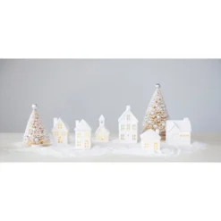 Storied Home Stoneware Bisque Houses With LED Lights, White, Set Of 6