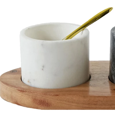 Storied Home Round Marble Bowls On Mango Wood Tray With Brass Salt Spoon, White And Black, Set Of 2 5 Storied Home Round Marble Bowls On Mango Wood Tray With Brass Salt Spoon, White And Black, Set Of 2 - Image 3