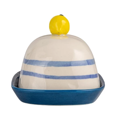 Storied Home Hand-Painted Stoneware Butter Dish With Lemon Shaped Handle And Stripes, Multicolor 5 Storied Home Hand-Painted Stoneware Butter Dish With Lemon Shaped Handle And Stripes, Multicolor - Image 3