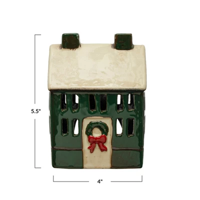 Storied Home Hand-Painted Stoneware House, Reactive Glaze, Green, Cream Color And Red (Each One Will Vary) 3 Storied Home Hand-Painted Stoneware House, Reactive Glaze, Green, Cream Color And Red (Each One Will Vary)