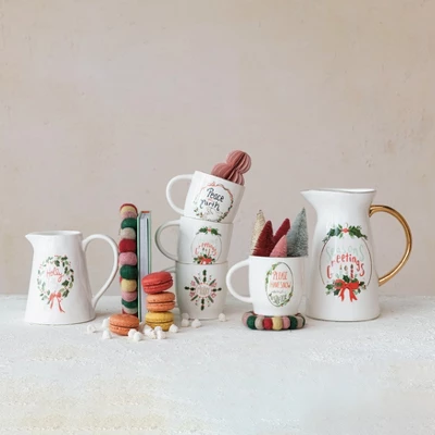 Storied Home 1 Quart Stoneware Pitcher With Gold Electroplating "Holly Jolly", Multicolor 6 Storied Home 1 Quart Stoneware Pitcher With Gold Electroplating "Holly Jolly", Multicolor - Image 4