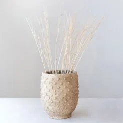 Storied Home Round Sandstone Hobnail Planter With Distressed Finish, Greige