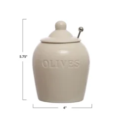 Storied Home 4 Inches Round Debossed Stoneware Jar With Stainless Steel Slotted Spoon Olives, White