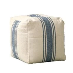 Storied Home Striped Square Canvas Pouf Blue: Cotton Upholstery, Adult Use, No Assembly Required