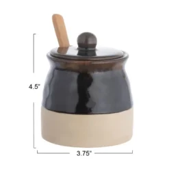 Storied Home Stoneware Sugar Pot With Lid And Wood Spoon
