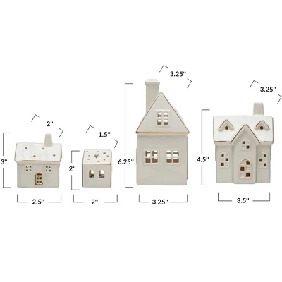 Storied Home Stoneware Village With LED Lights And Electroplating, White, Set Of 4 3 Storied Home Stoneware Village With LED Lights And Electroplating, White, Set Of 4