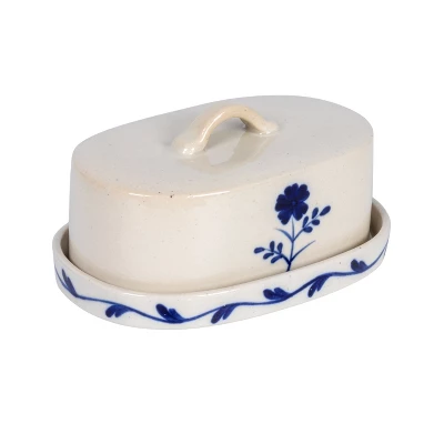 Storied Home Hand-Painted Stoneware Butter Dish With Flower, Blue And White 8 Storied Home Hand-Painted Stoneware Butter Dish With Flower, Blue And White - Image 6