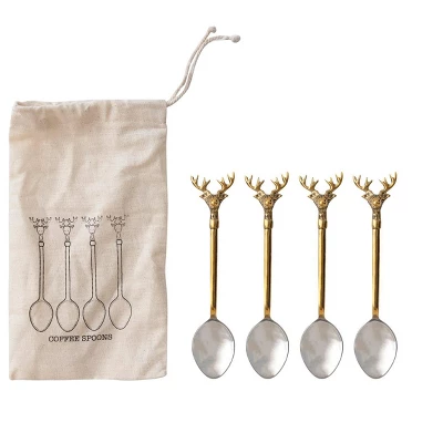 Storied Home Stainless Steel And Brass Spoons With Gold Finish Reindeer Handles, Set Of 4 In Printed Drawstring Bag 5 Storied Home Stainless Steel And Brass Spoons With Gold Finish Reindeer Handles, Set Of 4 In Printed Drawstring Bag - Image 3