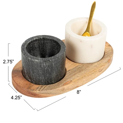 Storied Home Round Marble Bowls On Mango Wood Tray With Brass Salt Spoon, White And Black, Set Of 2 4 Storied Home Round Marble Bowls On Mango Wood Tray With Brass Salt Spoon, White And Black, Set Of 2 - Image 2